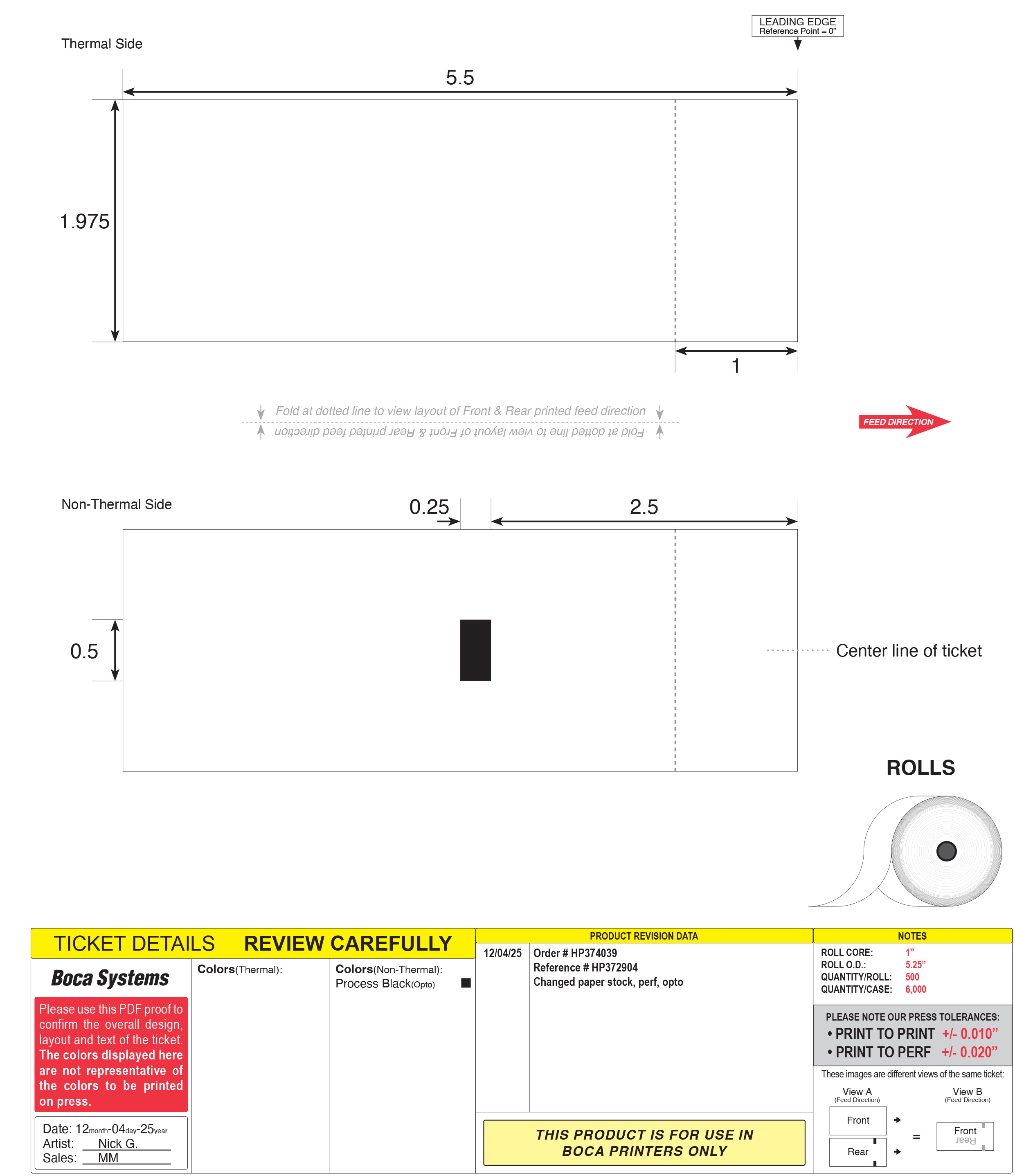 BOCA Thermal Generic Lemur-CS Ticket on Rolls 2” x 5.5”